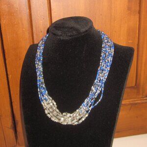 Blue & Silver Multi Strand Seed Bead Necklace